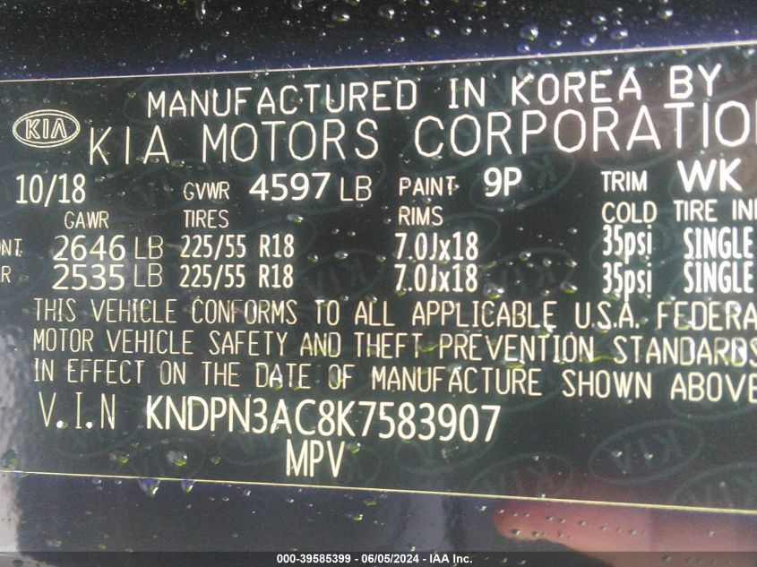 2019 Kia Sportage Ex VIN: KNDPN3AC8K7583907 Lot: 39585399