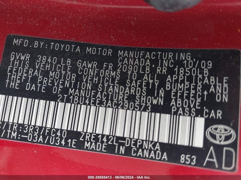 2010 Toyota Corolla Xle VIN: 2T1BU4EE3AC290573 Lot: 39585413