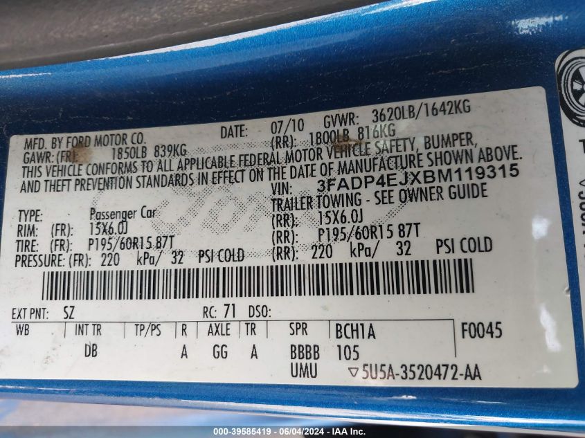 2011 Ford Fiesta Se VIN: 3FADP4EJXBM119315 Lot: 39585419