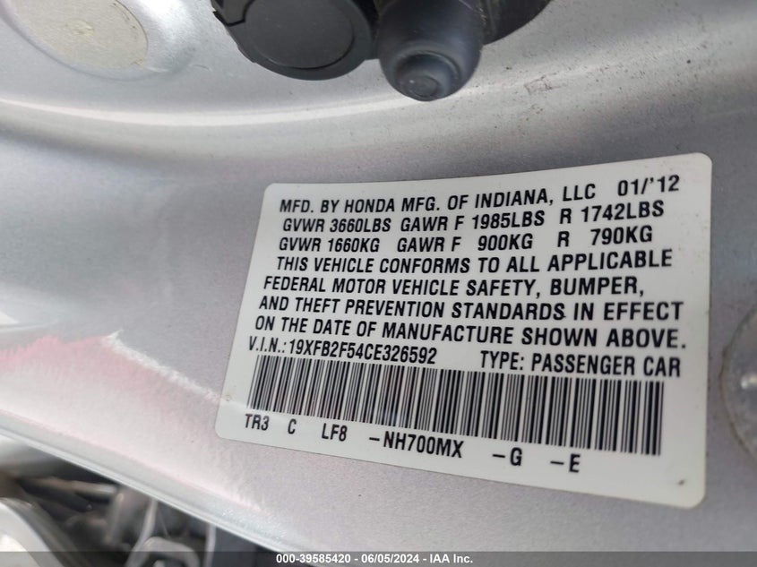 2012 Honda Civic Lx VIN: 19XFB2F54CE326592 Lot: 39585420