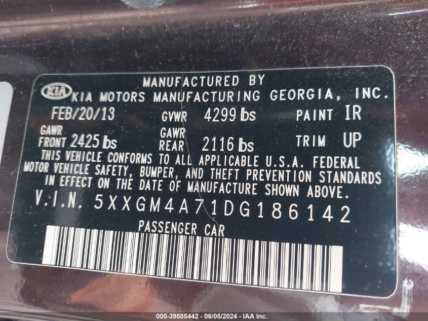 2013 Kia Optima Lx VIN: 5XXGM4A71DG186142 Lot: 39585442