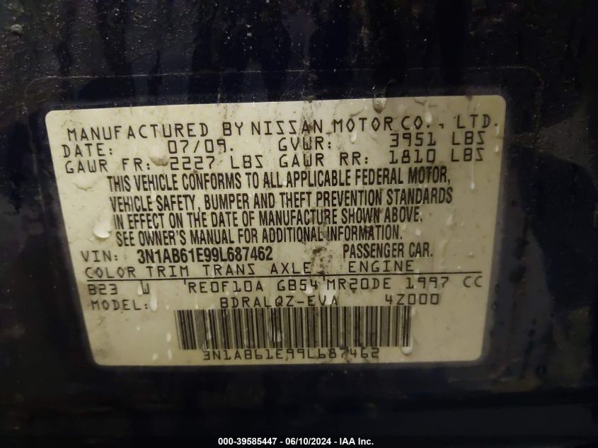 2009 Nissan Sentra 2.0 VIN: 3N1AB61E99L687462 Lot: 39585447