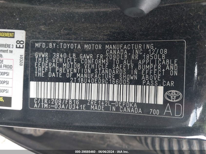 2009 Toyota Corolla Le VIN: 2T1BU40E09C166005 Lot: 39585460