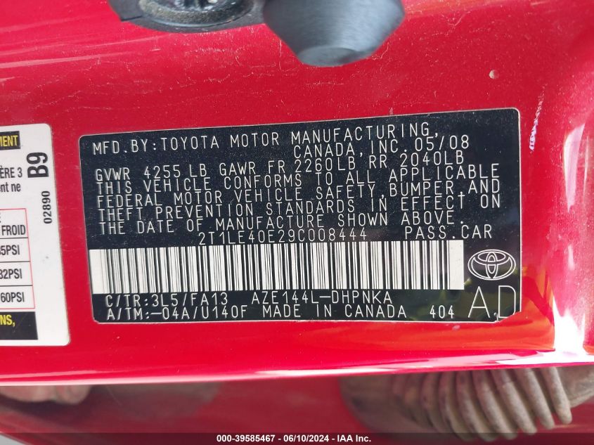 2009 Toyota Matrix S VIN: 2T1LE40E29C008444 Lot: 39585467