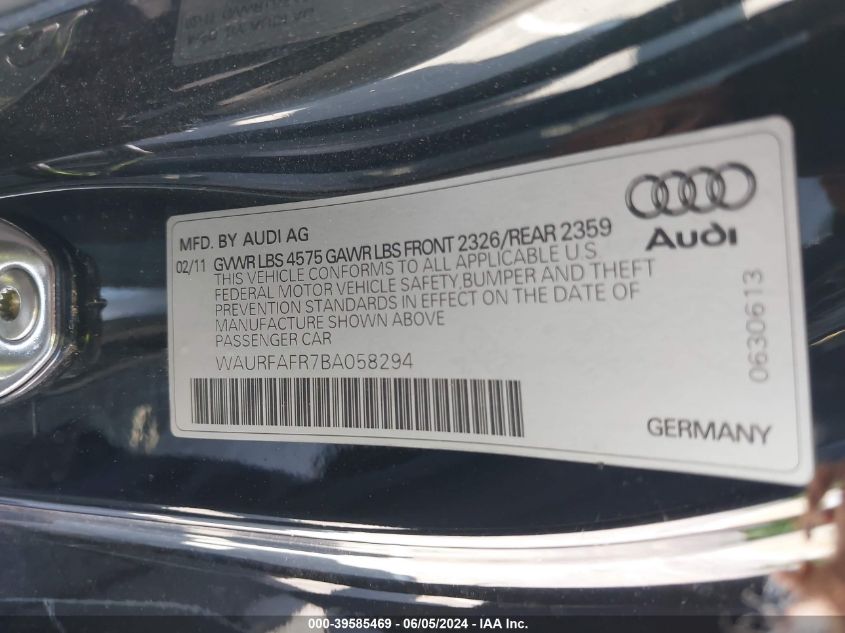 2011 Audi A5 2.0T Premium VIN: WAURFAFR7BA058294 Lot: 39585469