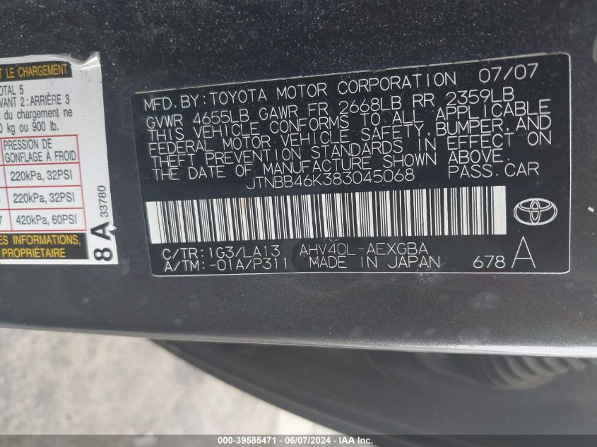 2008 Toyota Camry Hybrid VIN: JTNBB46K383045068 Lot: 39585471