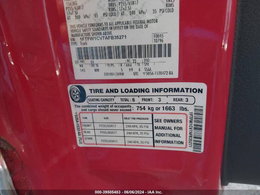 2010 Ford F-150 Fx2 Sport/Harley-Davidson/King Ranch/Lariat/Platinum/Xl/Xlt VIN: 1FTFW1CV7AFB35271 Lot: 39585483