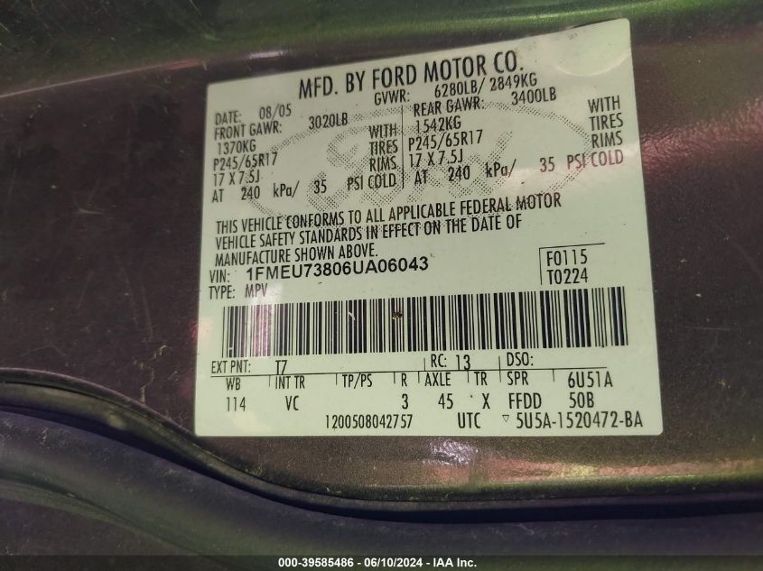 2006 Ford Explorer Xlt VIN: 1FMEU73806UA06043 Lot: 39585486