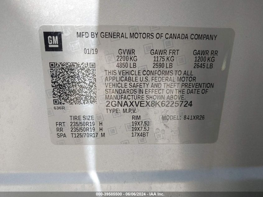 2019 Chevrolet Equinox Lt VIN: 2GNAXVEX8K6225724 Lot: 39585500