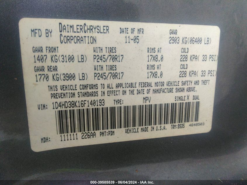 2006 Dodge Durango Sxt VIN: 1D4HD38K16F140193 Lot: 39585539