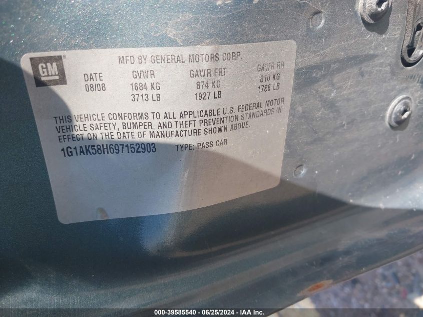 2009 Chevrolet Cobalt Ls VIN: 1G1AK58H697152903 Lot: 39585540