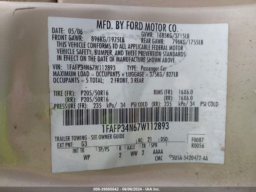 2007 Ford Focus S/Se/Ses VIN: 1FAFP34N67W112893 Lot: 39585542