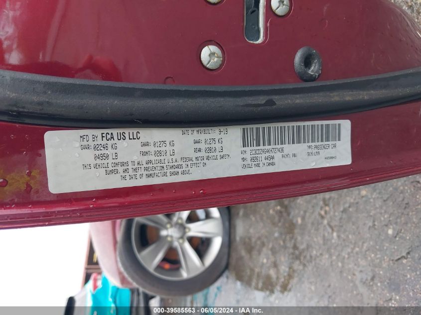 2019 Dodge Challenger Sxt VIN: 2C3CDZAG4KH727436 Lot: 39585563