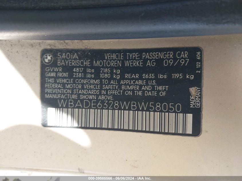 1998 BMW 540 I Automatic VIN: WBADE6328WBW58050 Lot: 39585566