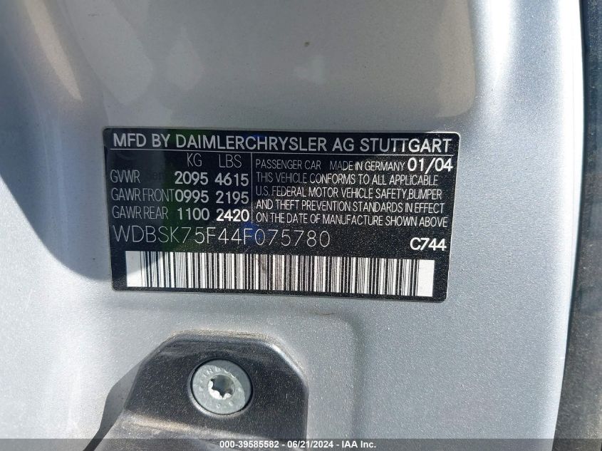 2004 Mercedes-Benz Sl 500 VIN: WDBSK75F44F075780 Lot: 39585582