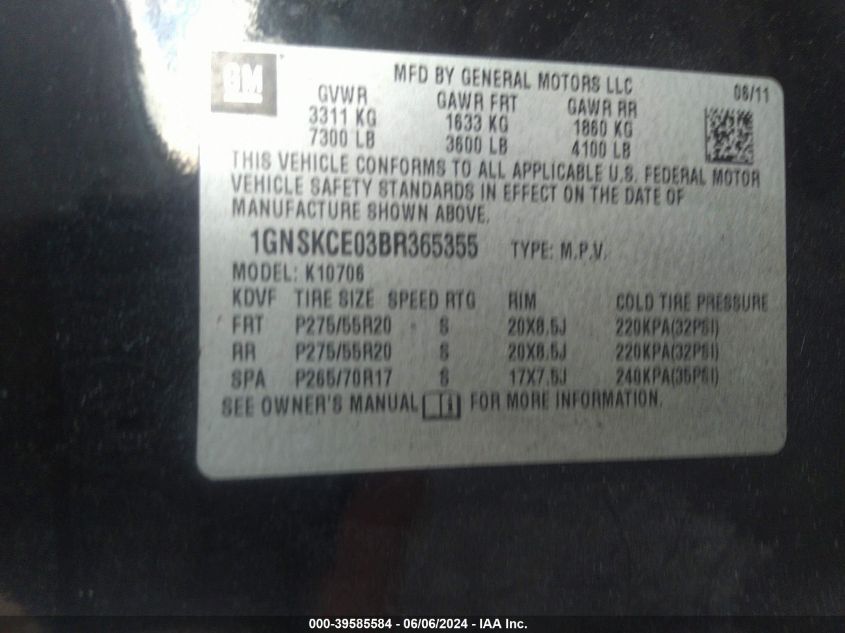 2011 Chevrolet Tahoe Ltz VIN: 1GNSKCE03BR365355 Lot: 39585584