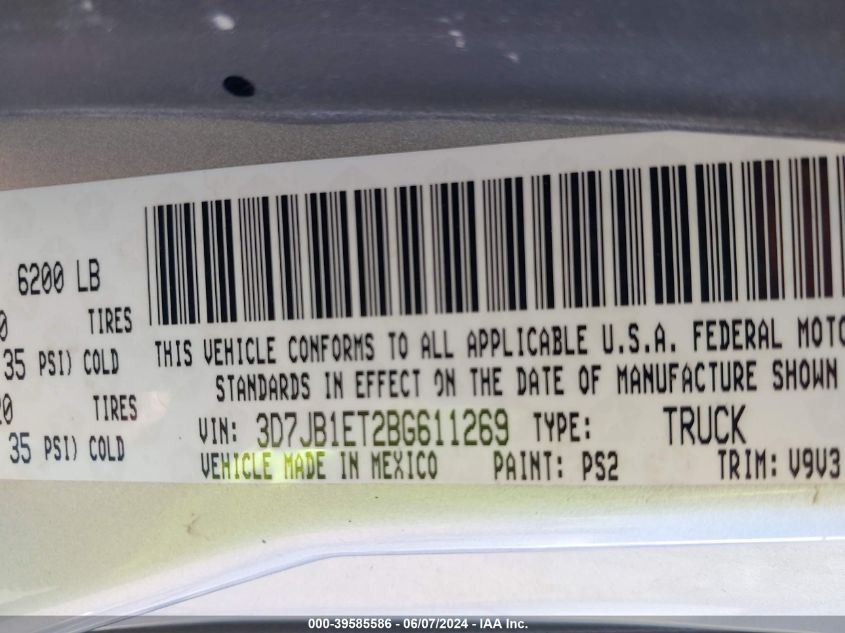 2011 Ram Ram 1500 St VIN: 3D7JB1ET2BG611269 Lot: 39585586