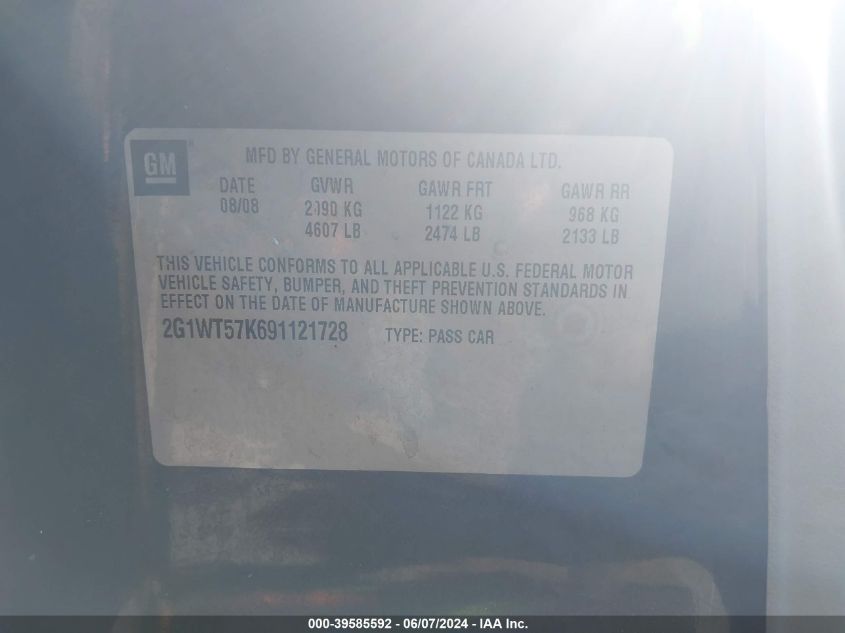 2009 Chevrolet Impala Lt VIN: 2G1WT57K691121728 Lot: 39585592
