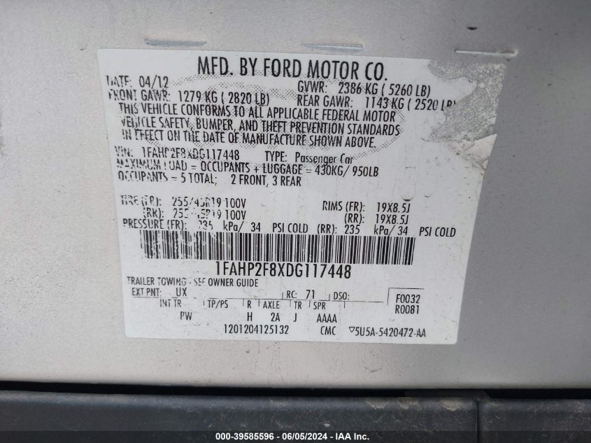 1FAHP2F8XDG117448 2013 Ford Taurus Limited