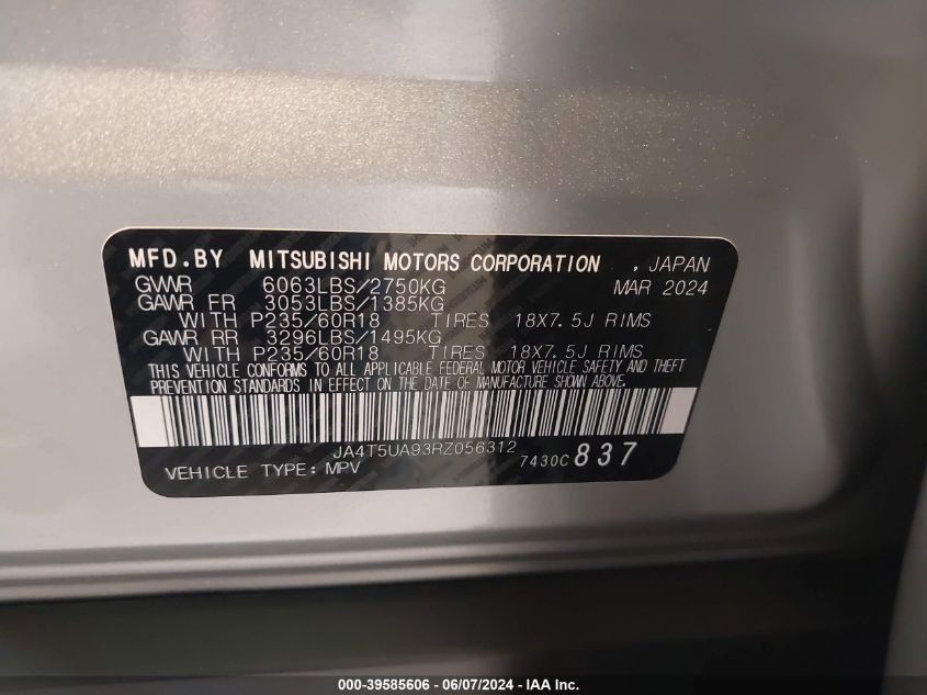 2024 Mitsubishi Outlander Phev Es S-Awc VIN: JA4T5UA93RZ056312 Lot: 39585606