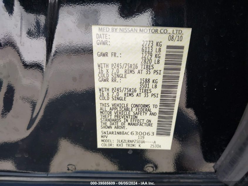 2010 Nissan Pathfinder S VIN: 5N1AR1NB8AC630063 Lot: 39585609