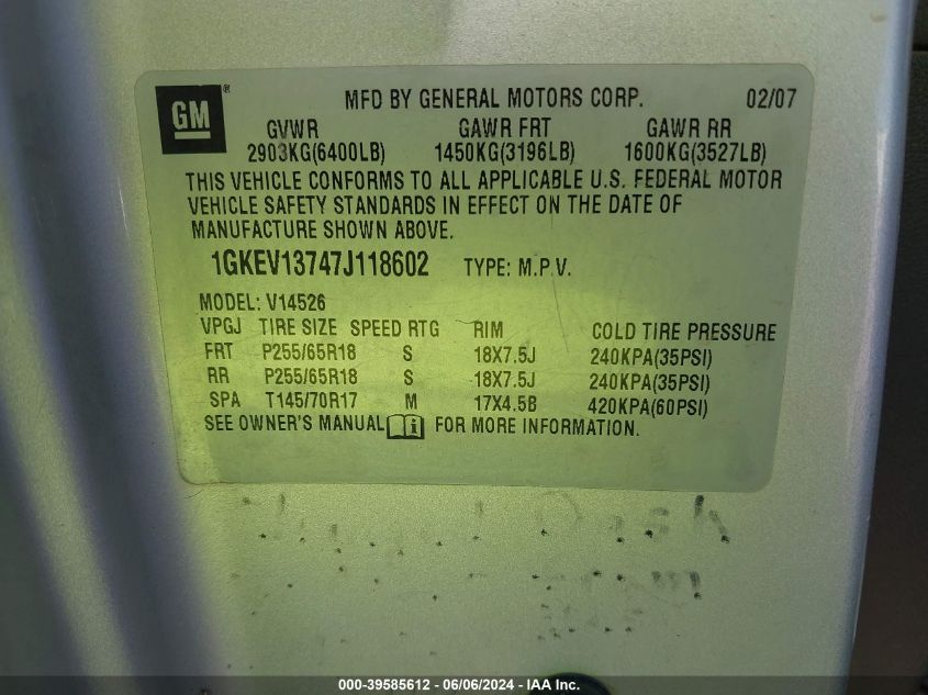 2007 GMC Acadia Sle-1 VIN: 1GKEV13747J118602 Lot: 39585612