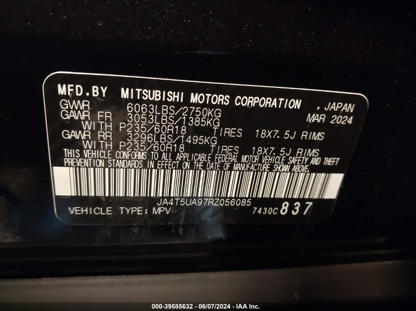 2024 Mitsubishi Outlander Phev Es S-Awc VIN: JA4T5UA97RZ056085 Lot: 39585632