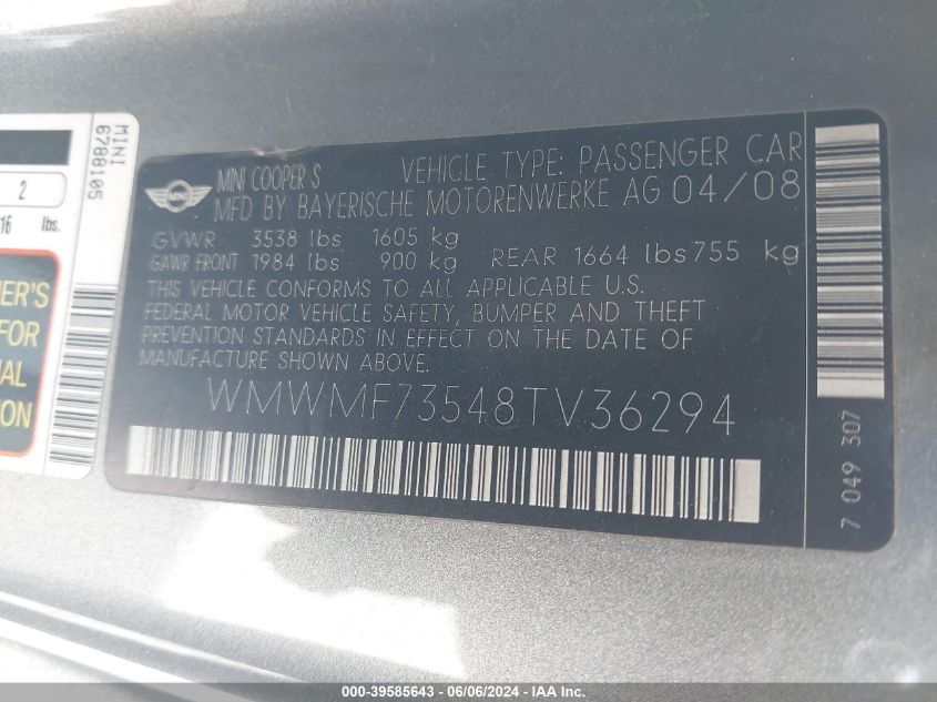 2008 Mini Cooper S VIN: WMWMF73548TV36294 Lot: 39585643