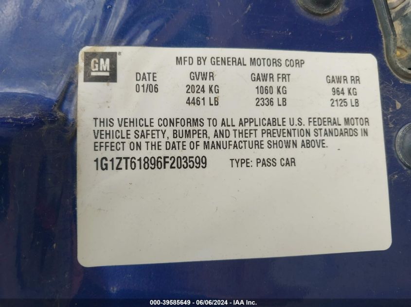 2006 Chevrolet Malibu Maxx Lt VIN: 1G1ZT61896F203599 Lot: 39585649