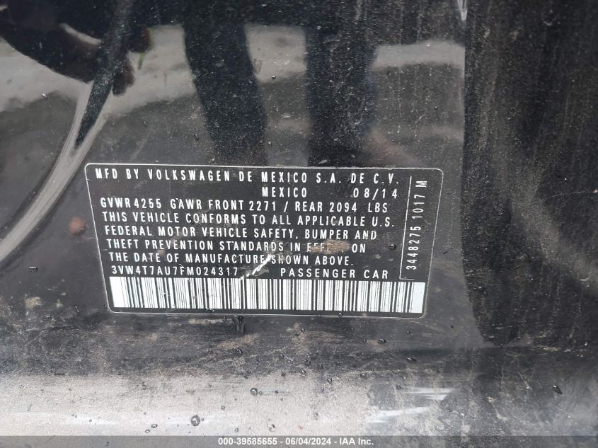 2015 Volkswagen Golf Gti 2.0T Autobahn 4-Door VIN: 3VW4T7AU7FM024317 Lot: 39585655