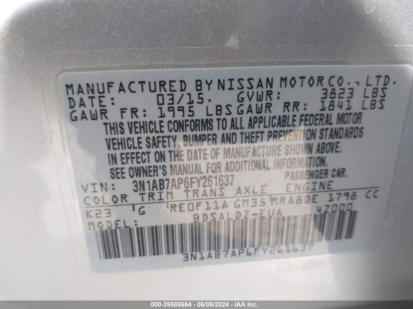 2015 Nissan Sentra Sv VIN: 3N1AB7AP6FY261637 Lot: 39585664