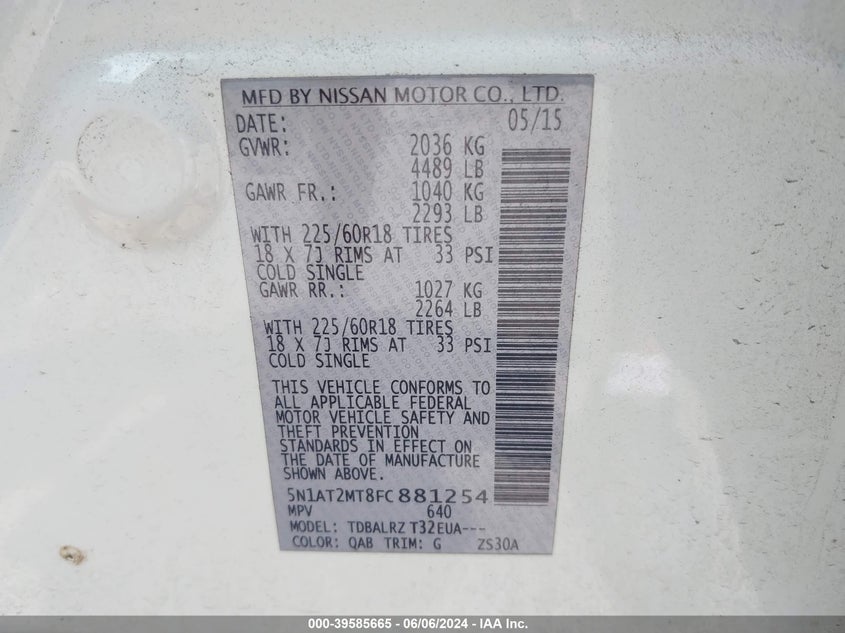 2015 Nissan Rogue Sl VIN: 5N1AT2MT8FC881254 Lot: 39585665