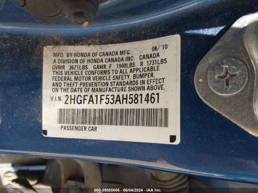 2010 Honda Civic Lx VIN: 2HGFA1F53AH581461 Lot: 39585666