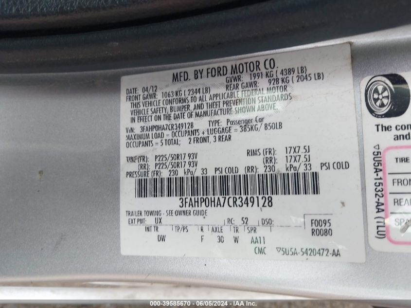 2012 Ford Fusion Se VIN: 3FAHP0HA7CR349128 Lot: 39585670