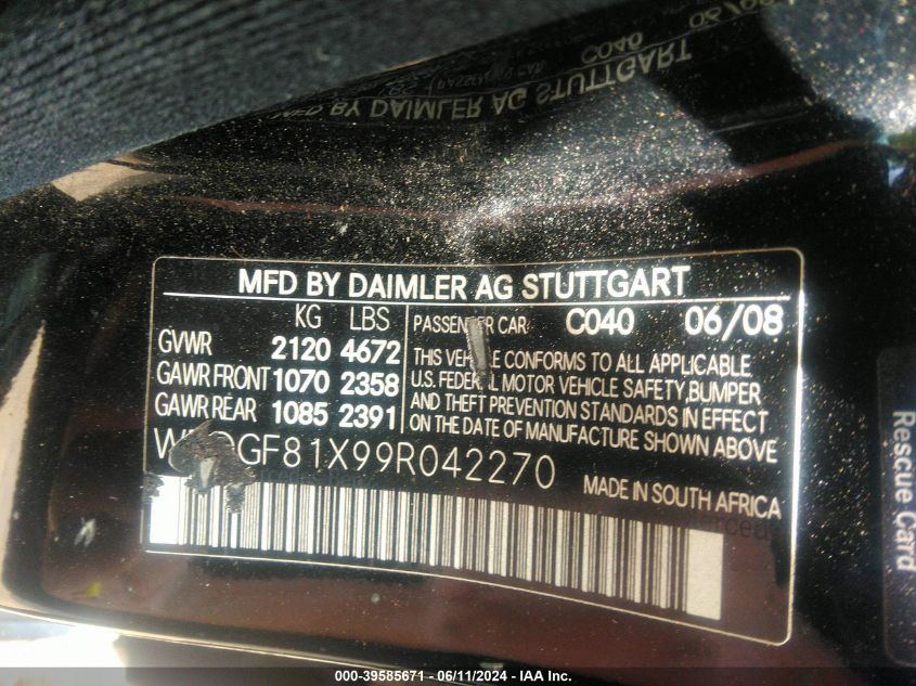 2009 Mercedes-Benz C 300 Luxury 4Matic/Sport 4Matic VIN: WDDGF81X99R042270 Lot: 39585671