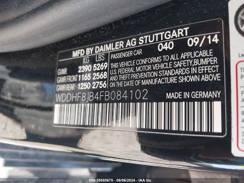 2015 Mercedes-Benz E 350 4Matic VIN: WDDHF8JB4FB084102 Lot: 39585675