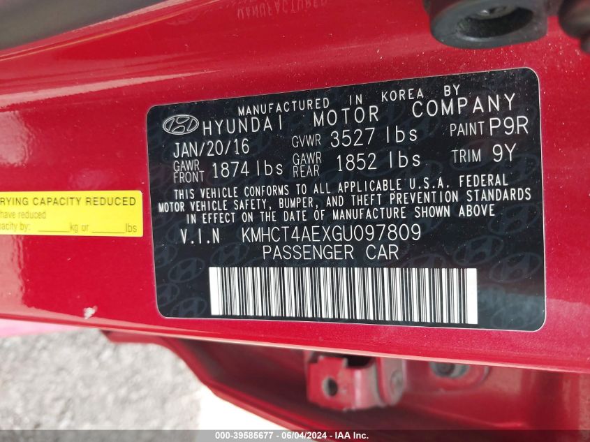 2016 Hyundai Accent Se VIN: KMHCT4AEXGU097809 Lot: 39585677