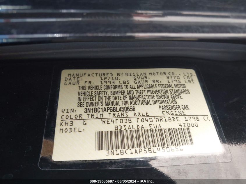 2011 Nissan Versa 1.8S VIN: 3N1BC1AP5BL450656 Lot: 39585687