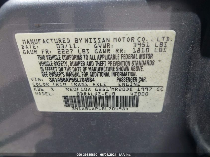 2011 Nissan Sentra 2.0 VIN: 3N1AB6AP6BL704984 Lot: 39585690