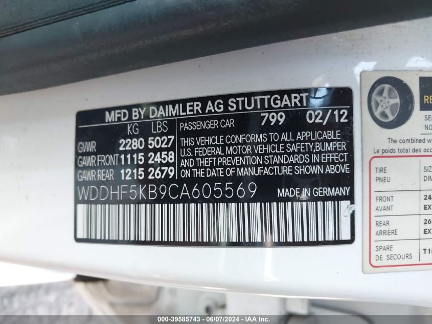 2012 Mercedes-Benz E 350 VIN: WDDHF5KB9CA605569 Lot: 39585743