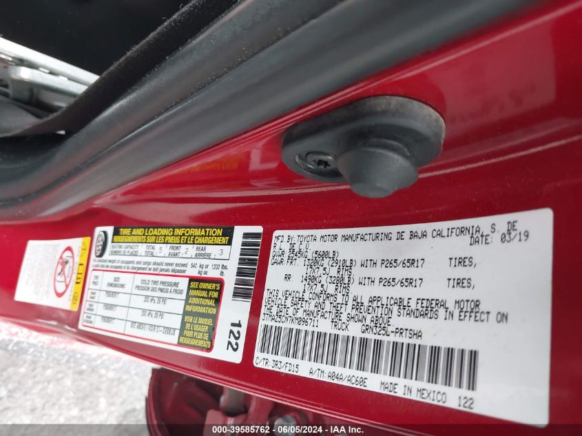 2019 Toyota Tacoma Double Cab/Sr5/Trd Sport/Trd Off Road VIN: 3TMAZ5CN7KM096711 Lot: 39585762