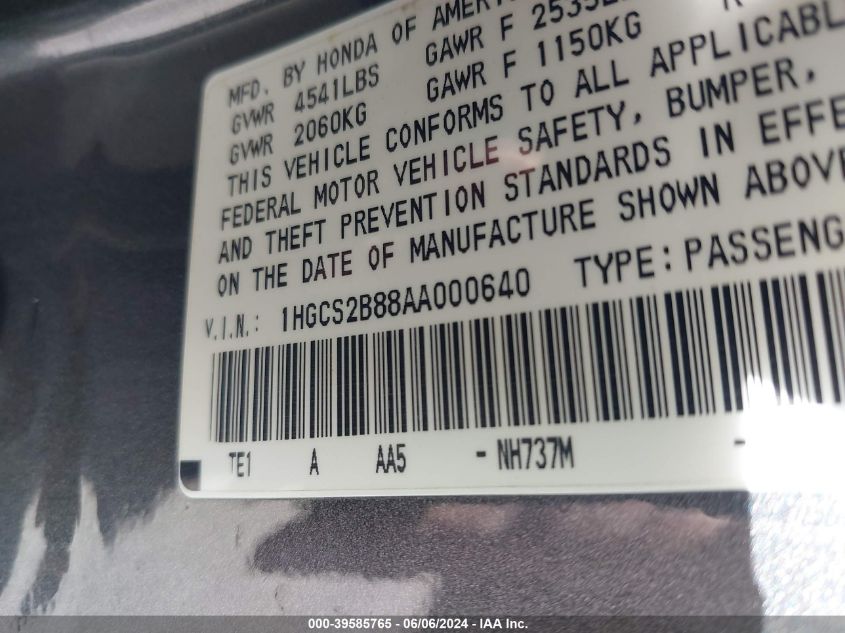 2010 Honda Accord 3.5 Ex-L VIN: 1HGCS2B88AA000640 Lot: 39585765