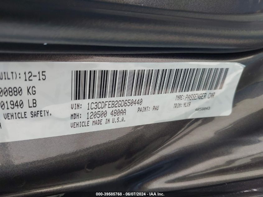 2016 Dodge Dart Gt VIN: 1C3CDFEB2GD650440 Lot: 39585768