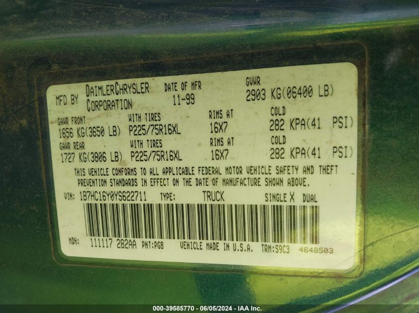 2000 Dodge Ram 1500 St VIN: 1B7HC16Y0YS622711 Lot: 39585770