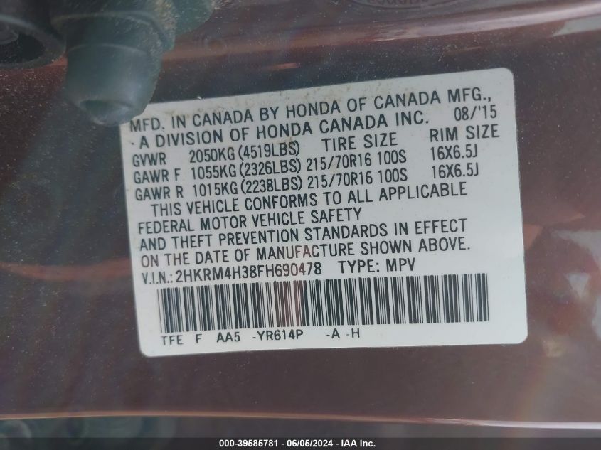 2015 Honda Cr-V Lx VIN: 2HKRM4H38FH690478 Lot: 39585781