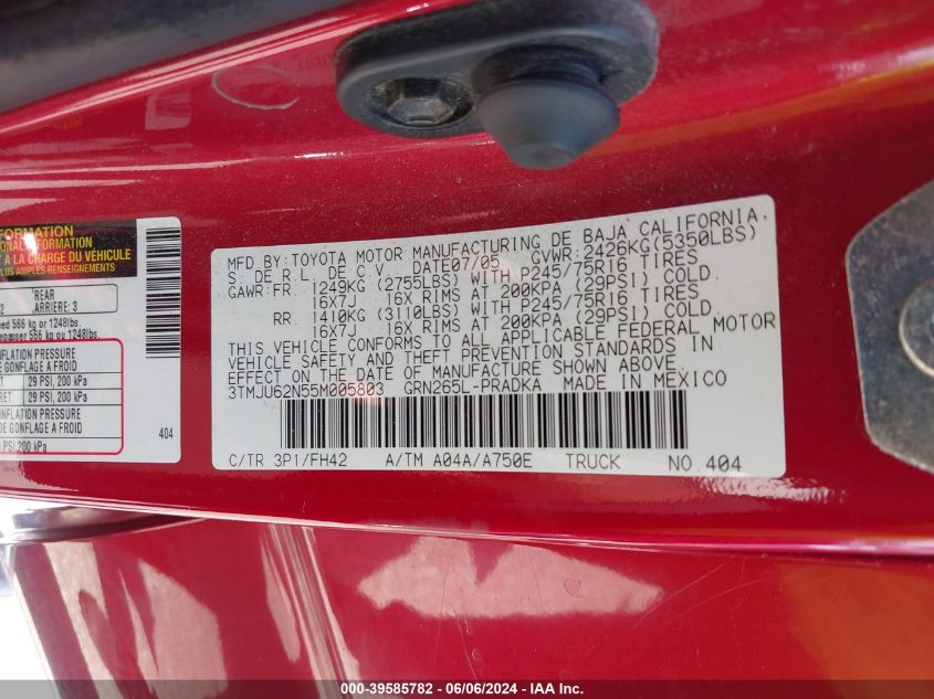 2005 Toyota Tacoma Prerunner V6 VIN: 3TMJU62N55M005803 Lot: 39585782