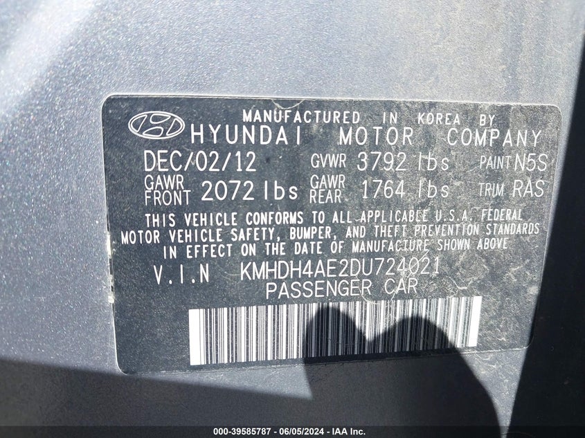 2013 Hyundai Elantra Gls VIN: KMHDH4AE2DU724021 Lot: 39585787
