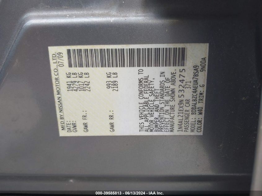 2009 Nissan Altima 2.5 S VIN: 1N4AL21EX9N532475 Lot: 39585813