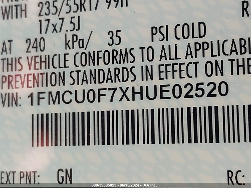 2017 Ford Escape S VIN: 1FMCU0F7XHUE02520 Lot: 39585823