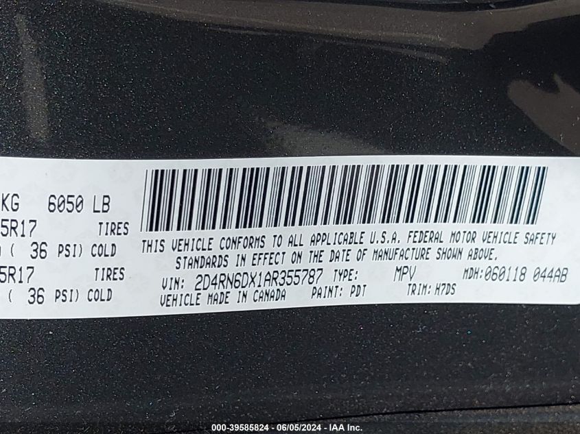 2010 Dodge Grand Caravan Crew VIN: 2D4RN6DX1AR355787 Lot: 39585824